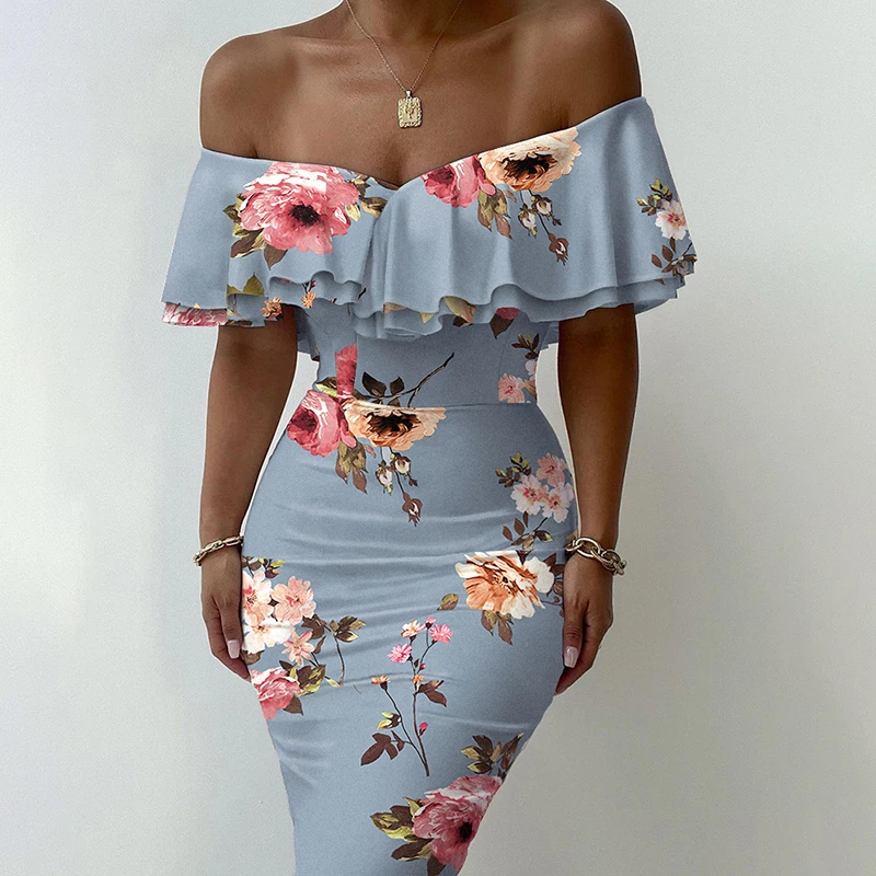 

New Summer Floral Print Layered Ruffle Trim Off Shoulder Midi Bodycon Dress Fashion Elegant Women Cocktail Party Dress Ball Gown