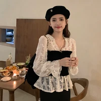 french stitching v neck long sleeved lace shirt womens 2022 spring new light and soft wind sunscreen top women shirts blouses