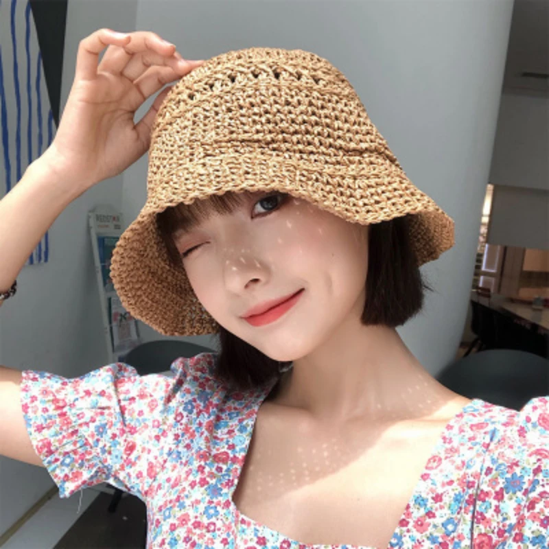 

Women Korean The Small-brimmed Straw Hat All-match Japanese Woven Fisherman Hats Beach Sunscreen Summer Foldable Bucket Cap