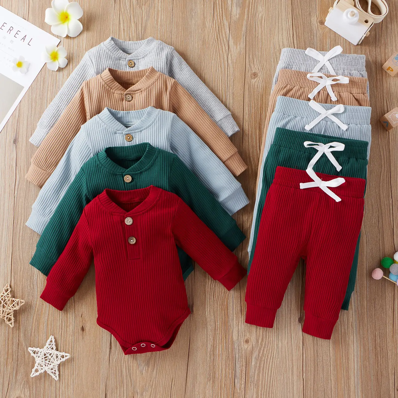 

Infant Newborn Baby Girl Boy Spring Autumn Ribbed/Plaid Solid Clothes Sets Long Sleeve Bodysuits + Elastic Pants 2PCs Outfits