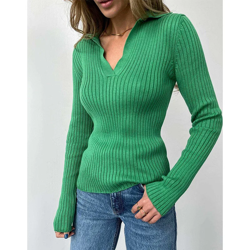 

Lapel knitted sweater 2022 autumn new v-neck slimming temperament commuter slim bottoming shirt
