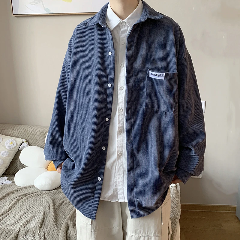 

Korean Style Men's Shirt Corduroy Thick Cardigan Jacket Label Pocket Shirt Single-breasted Coat Casual Tops Youthful Vitality