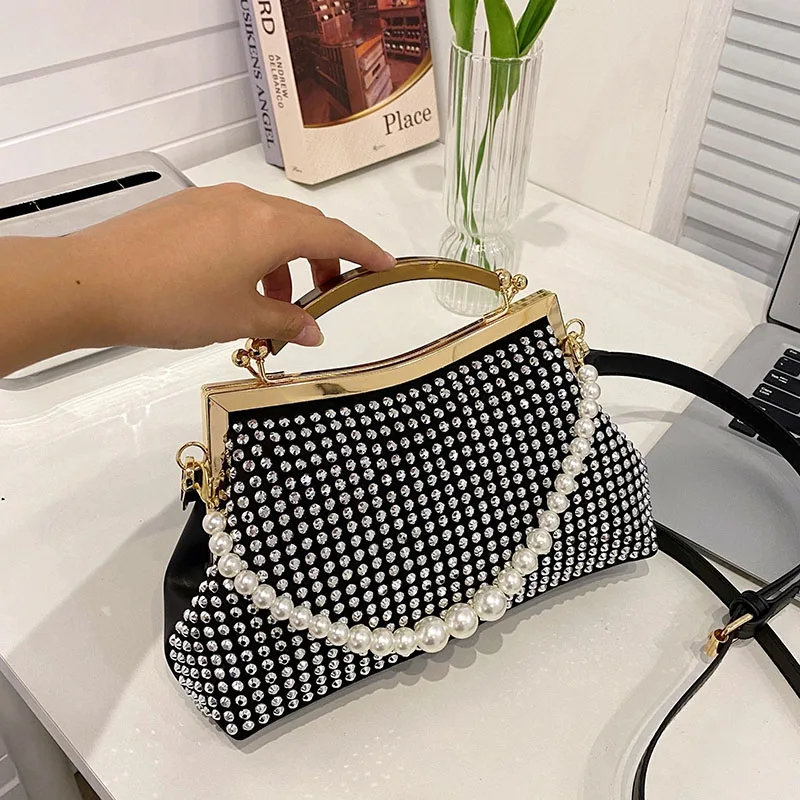 

Модная женская сумочка на цепочке с жемчугом, качественный кожаный комплект с сумочкой через плечо с бриллиантами, дизайнерская роскошная ...