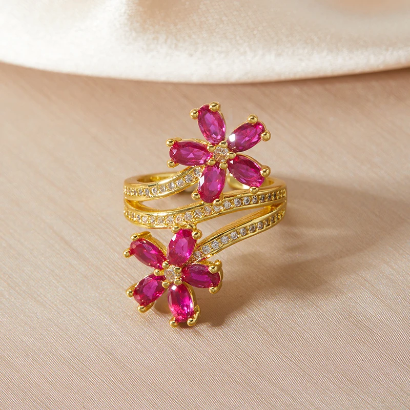 Модные винтажные нежные цветочные рубиновые кольца для женщин темпераментные