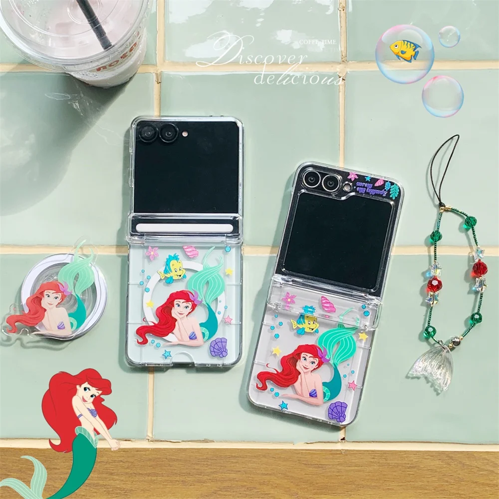 Фото Милый мультяшный магнитный чехол с русалкой для Samsung Galaxy Z Flip6 7FE Flip6 5 4 3 5G Flip7 6 с подставкой Magsafe и цепочкой №1