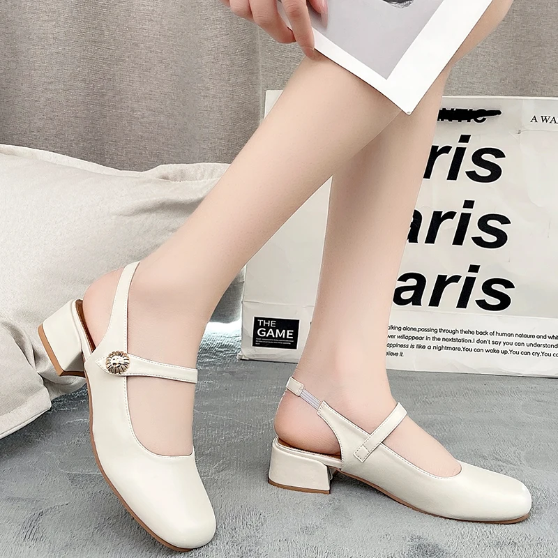 

Women's Sandals Thick Heel Square Head Classic Female Mary Jane 2022 Design Elegant Shallow Mouth Lady Single Shoes Large Size