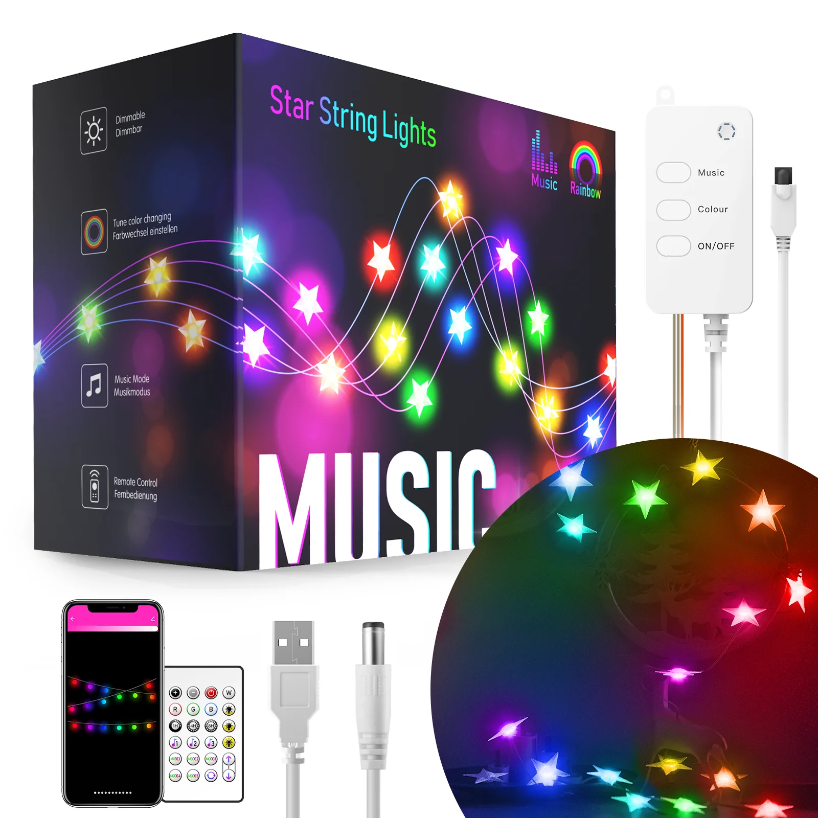 Star String Lights 16ft Color Changing Star Fairy String Lights with Preset Scenes Music Sync, APP and Remote Control Waterproof