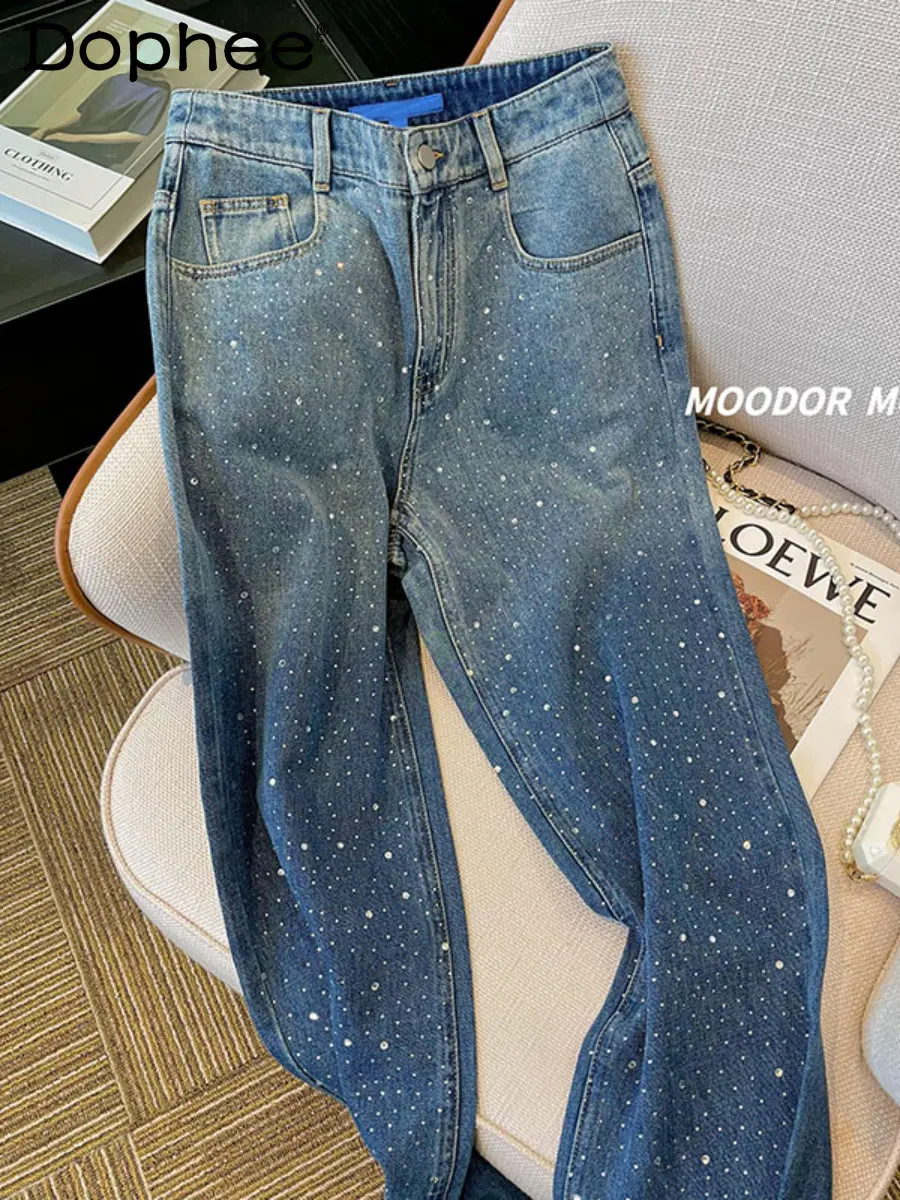 Heavy Embroidery Hot Drilling High Waist Baggy Jeans Women Wide-Leg Pants 2023 Spring Autumn New Diamond Denim Pants Trousers