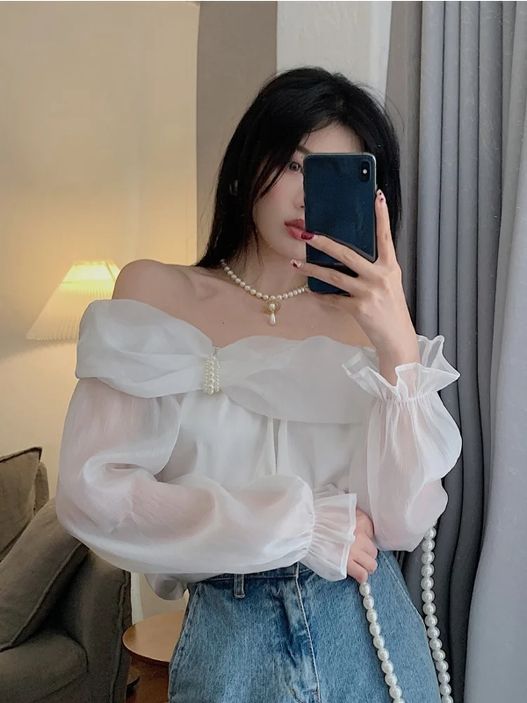 Woherb пикантная шифоновая блузка Женский сетчатый топ с воротником-лодочкой