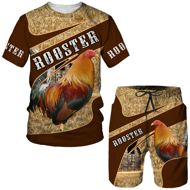 Summer Funny Rooster Hunting Camo T-Shirt Shorts Suit Men's Cool Chicken Cock Animal 3D Printed Fashion Tracksuit Two Piece Sets