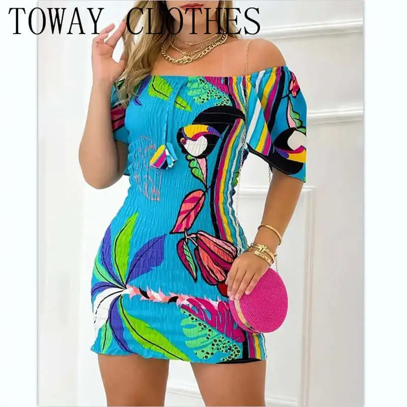 

Женское летнее платье с открытыми плечами, платье мини с принтом растений и птиц, 2022
