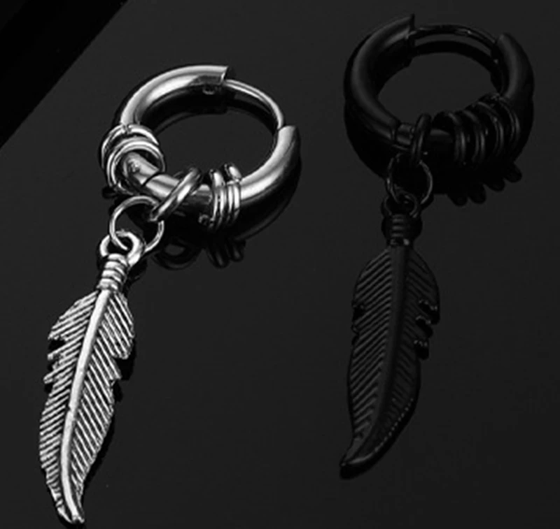 1PCS Stainless Steel Feather Pendant Hoop Earrings For Men Punk Rock Style Ear Clip Hook Jewelry