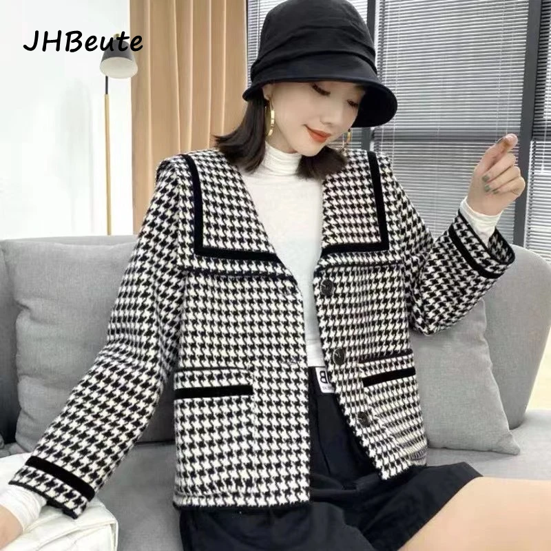 

2022 Spring Women Tops Houndstooth Vintage Woolen Coat Navy Collar Short Section Autumn Retro Women Thickened High Quality Coat