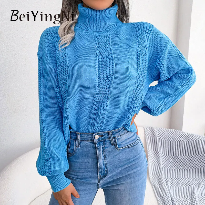 

Beiyingni Autumn Winter Sweater Women's Long Sleeve Turtleneck Blue Solid Pullover Femme Loose Casual Streetwear Knitting Jumper