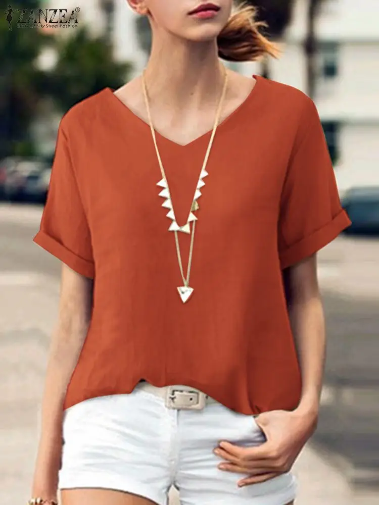 

Summer Tunic Tops High Low Chemise ZANZEA Women Short Sleeve V Neck Baggy Blouse Holiday Loose Casual Cotton Shirts Oversized