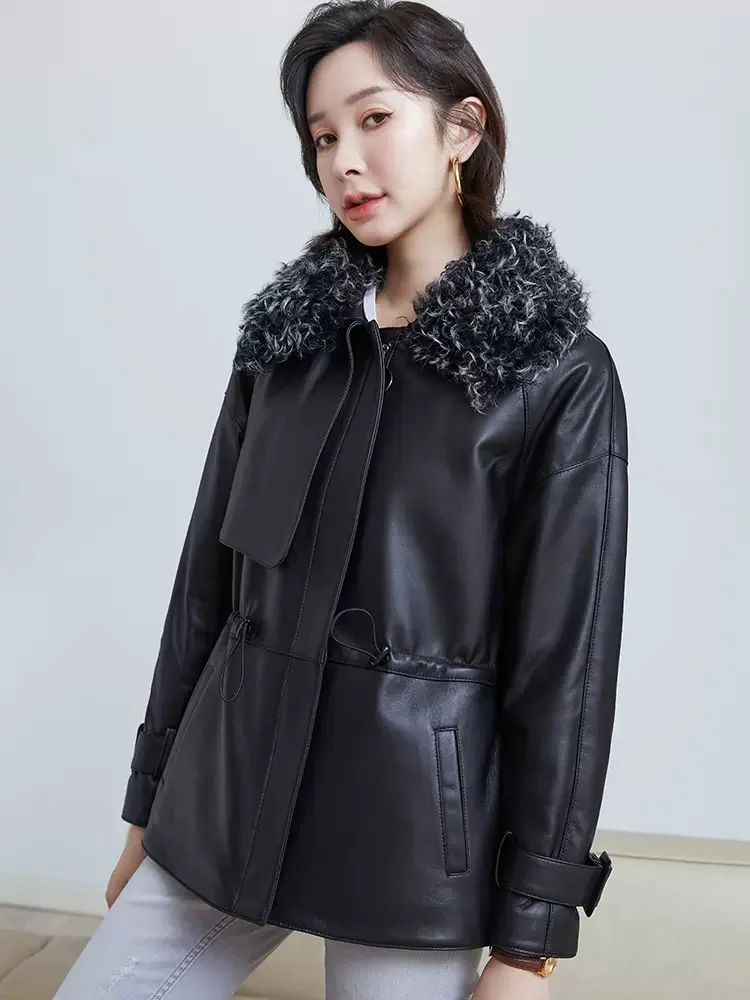 New Women Genuine Leather Down Jacket Autumn Winter Fashion Casual Wool Turn-down Collar Sheepskin Coat Loose Outerwear Female