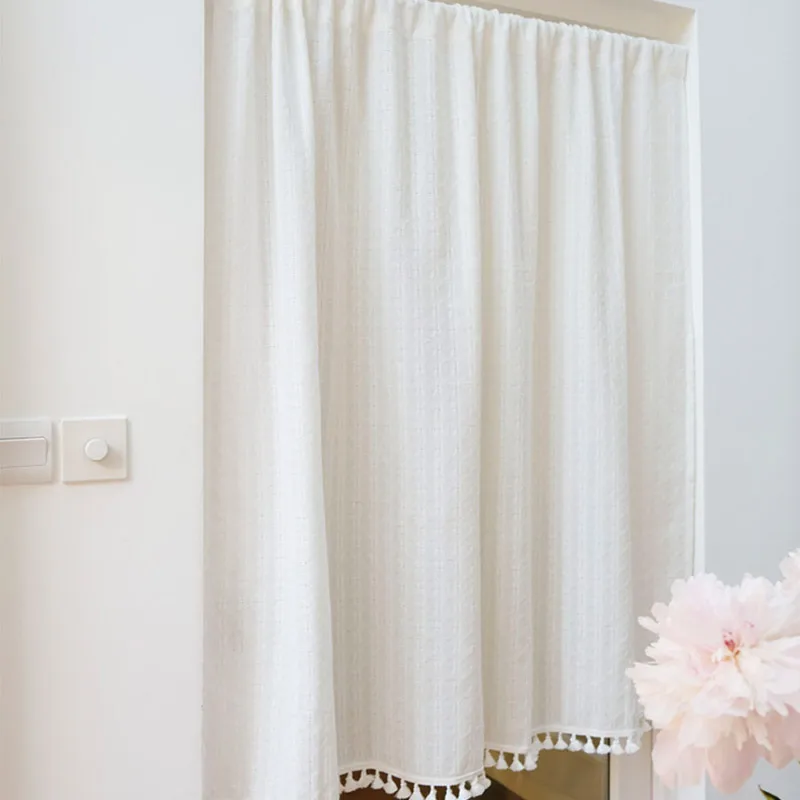 

Japenese Drapery Cotton Blended Curtain Rod Pocket White Grid Soft Rustic for Dining Living Room Semi Sheer Door Curtains