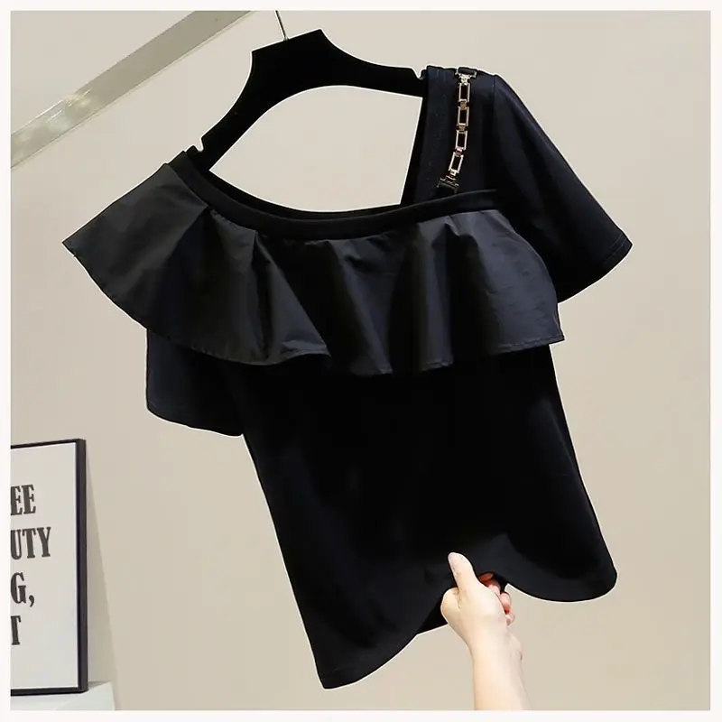 

Metal Chain Fashion Irregular Sweet Slim Fit Ruffle Edge Splice Skew Neck Slim Short Sleeve T-shirt for Women