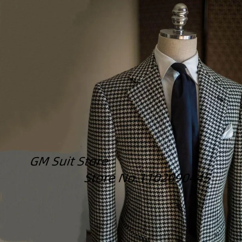 Men's Suit Houndstooth Lapel Single Breasted Elegant Fit Casual Two Button Business Two-Piece Coat Slim Fit Trousers 2023