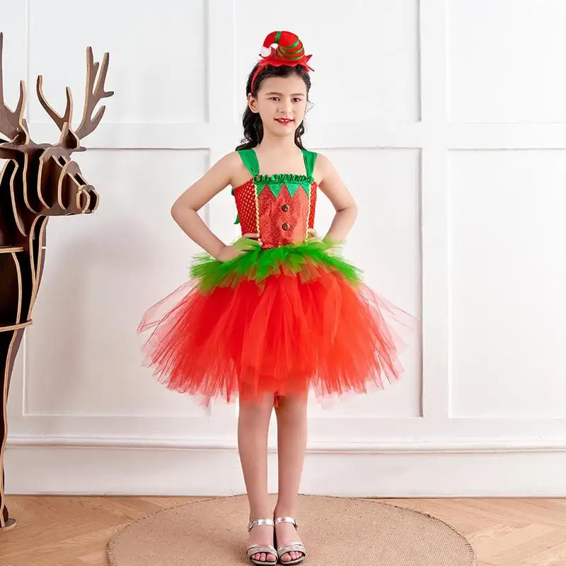 

Christmas Tutu Dress For Girls Red Elf Sleeveless Tutu Dress Up Cute Christmas Costume Party Dresses With Headdress For Girls