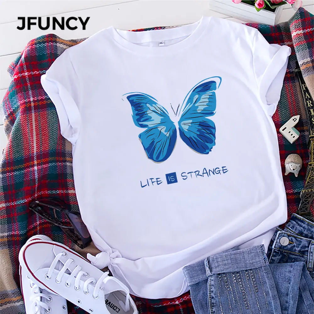 JFUNCY 2023 Women Tee Shirt 100% Cotton Short Sleeve Casual Female Tshirt Butterfly Print T-shirt Woman Summer Loose Tops