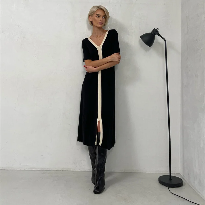 

Black White Casual Elegant Vintage Short Sleeve Long Dress Korean Fashion Style Knitted Slim Maxi Dresses For Women Summer