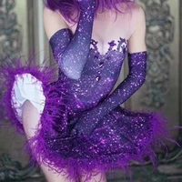 purple shining rhinestones sequins sleeveless feathers sexy women dress dance perform stage costume nightclub bar party clothing