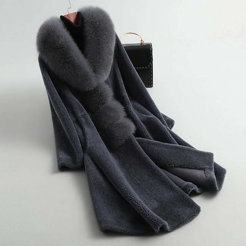 GOURS Real Fur Coats for Women Winter Long Coats and Jackets Natural Wool Clothes Fox Fur Collar Warm Soft Plus Size New LD8828