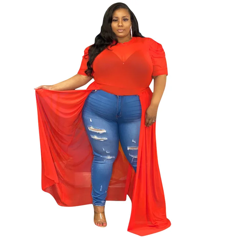 Plus Size Blouses Summer New Perspective Slim Sexy Solid Color Polyester Net Large Top  For Fat Women Women's Elegant Blouses