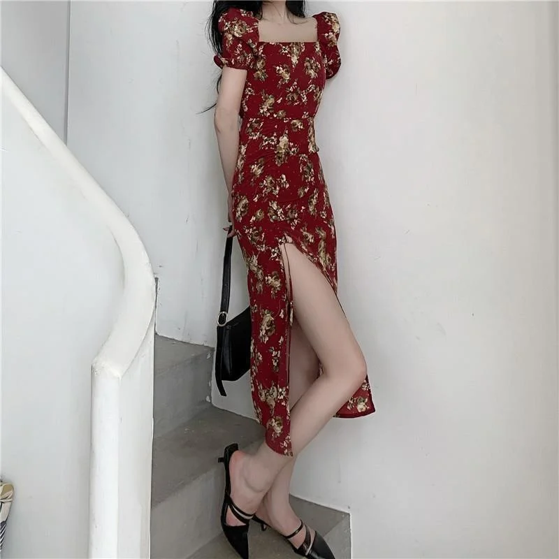 Женское платье с коротким рукавом и цветочным принтом ретро-костюм в Корейском