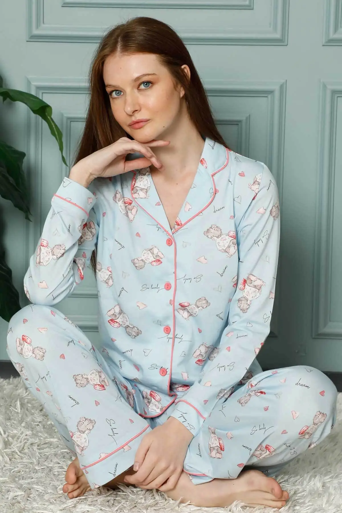 

Women's Pajamas Dreamy Cotton Piping Bear Patterned Shirt Pajama Set Blue Sleep Lounge Nightwear Sleepwear