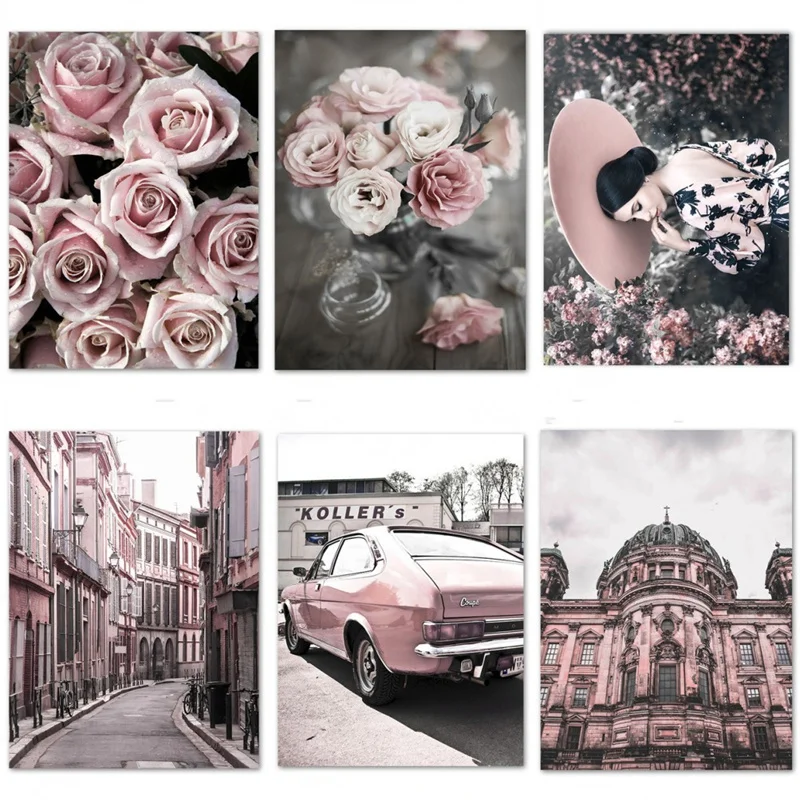 Buy Rose Flower pink Car Street Girl Building Wall Art Canvas Painting Nordic Posters And Prints Pictures For Living Room Decor on