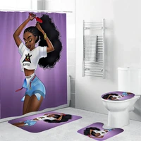 waterproof african girls shower curtain with hooks purple 4 piece bath set home decor anti slip floor rug toilet cover mat set
