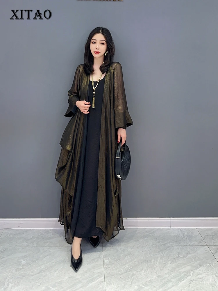 

XITAO Women Fashion Trench 2023 Summer Full Sleeve Solid Color Minority Loose Elegant Pleated New Mid Calf Coat WLD16731