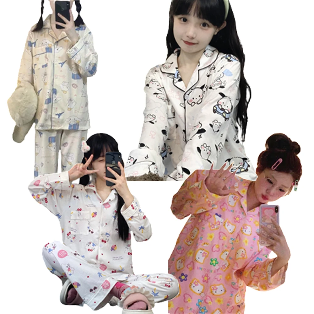 

Sanrio Pajamas Hello Kitty Pochacco Cinnamoroll Kawaii Cartoon Girls Sleepwear Animation Winter Autumn Warm Home Clothes Suits