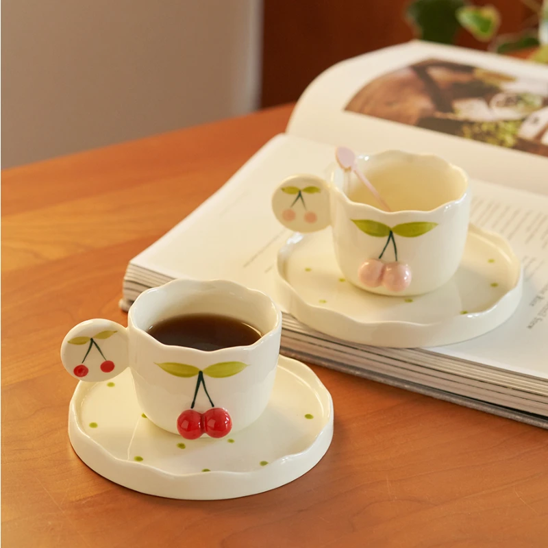 

Cute Hand-painted Embossed Cherry Ceramic Mugs, Heat-resistant Home Coffee Cup and Saucer Set, Safe and Healthy Office Milk Mugs
