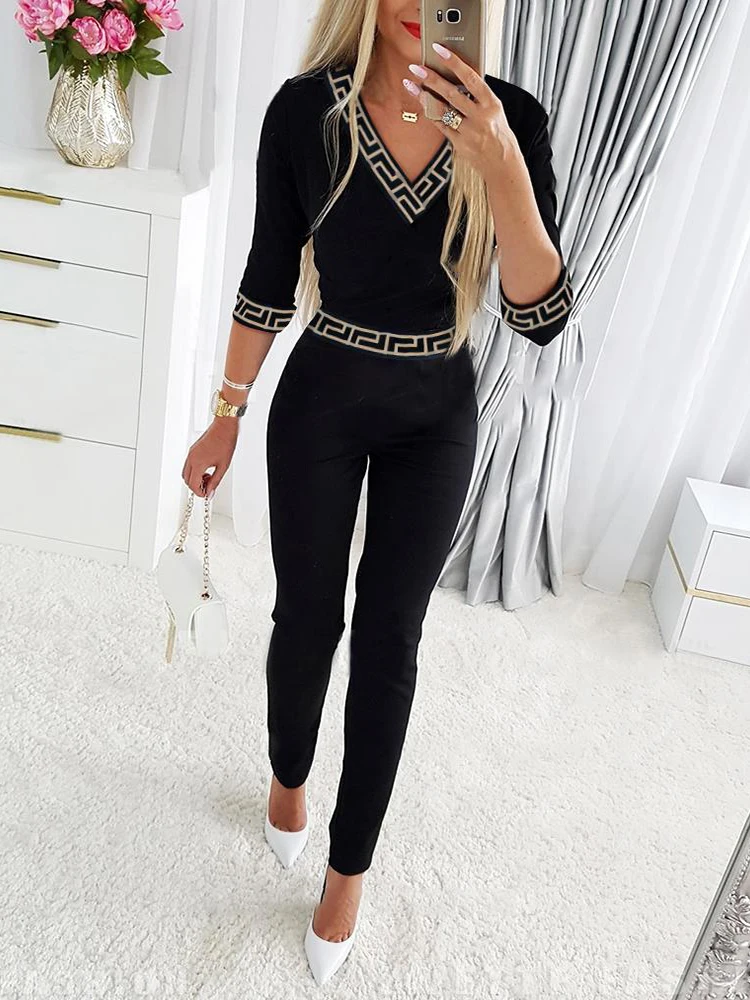 

Jumpsuit Women 2022 Bodysuit Geo Trim V-Neck Long Sleeve Jumpsuit One Piece For Women Combinaison Femme