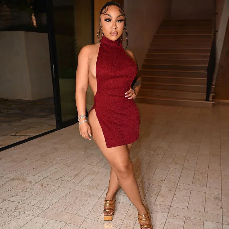 

Cutubly Knitted Elegant Dresses Split Turtleneck Women's Dress Women Sexy Halter Backless Slim Solid Bodycon Outfit Club Party