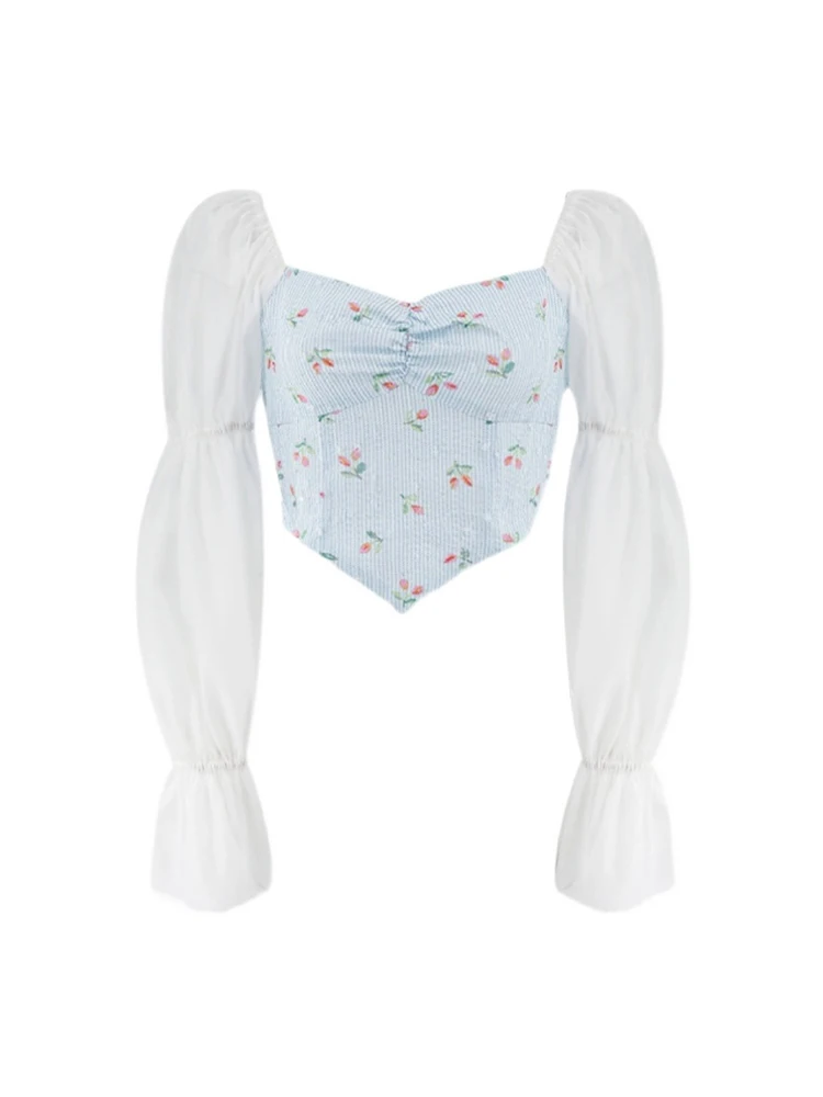 

Женская шифоновая блуза во французском стиле с квадратным вырезом и пышными рукавами, необычная дизайнерская рубашка в стиле ретро с цветочным принтом, элегантная плиссированная блузка, новый шик