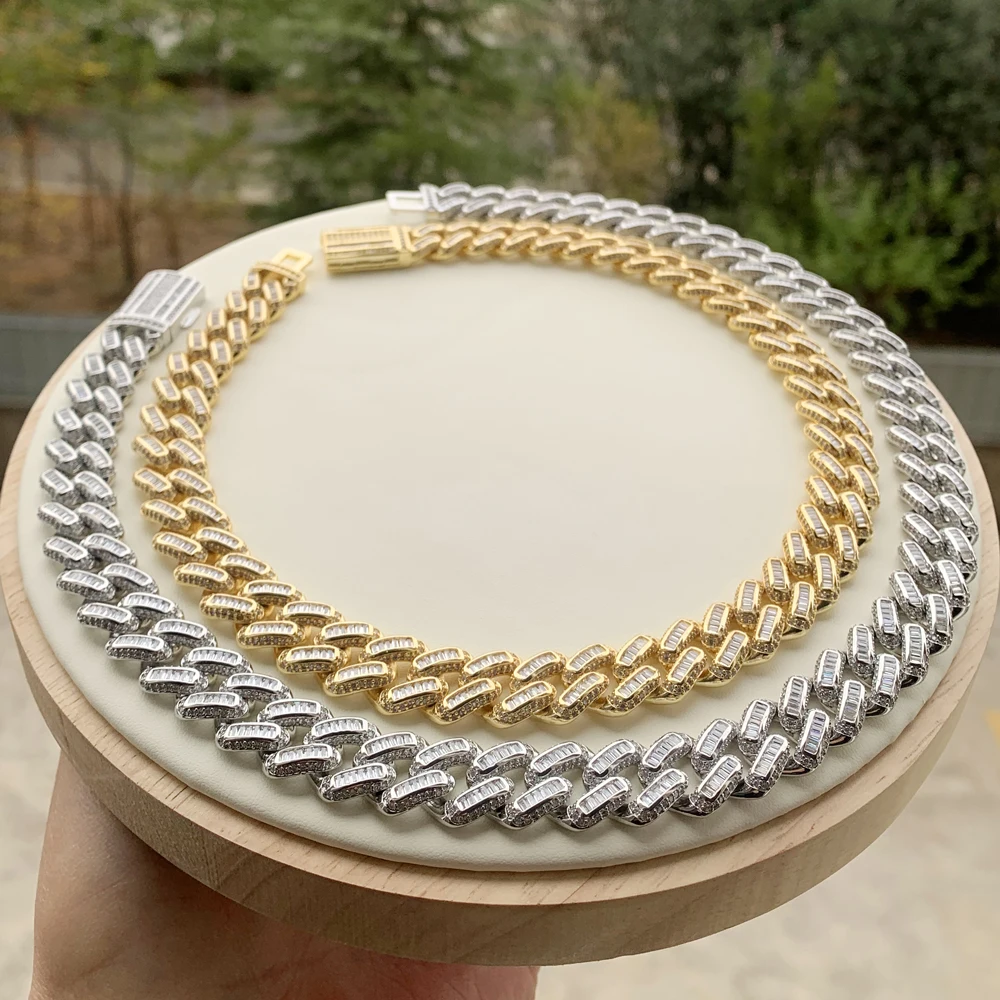 

luxury big heavy bling iced out gold color baguette cz Miami cuban link chain hiphop iced 14mm width cuban choker necklace