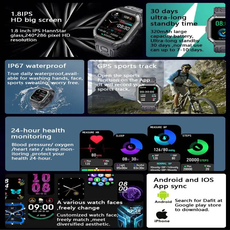 Kup KR06 Sport Inteligentny Zegarek 1.8 Icnh HD Duży Kolorowy Ekran BT Przypomnienie Informacji Połączeń Muzyka Bardzo Długa Monitorowanie Stanu Gotowości