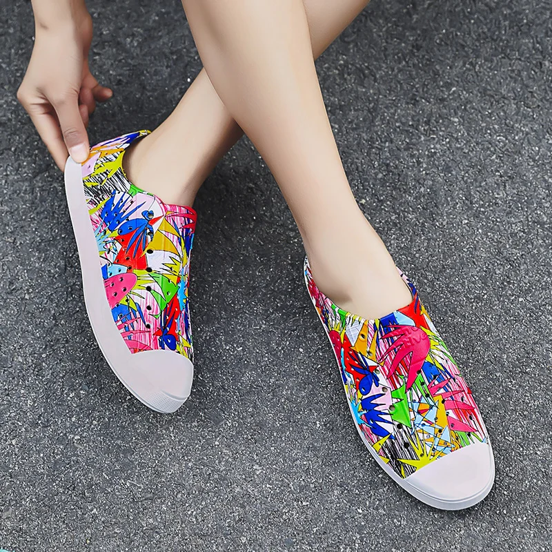 

JIEMIAO Fashion Women's Sandals Summer Graffiti Couple Slip-on Sandals Unisex Colorful Adult Hollow-Out Beach Flats Shoes