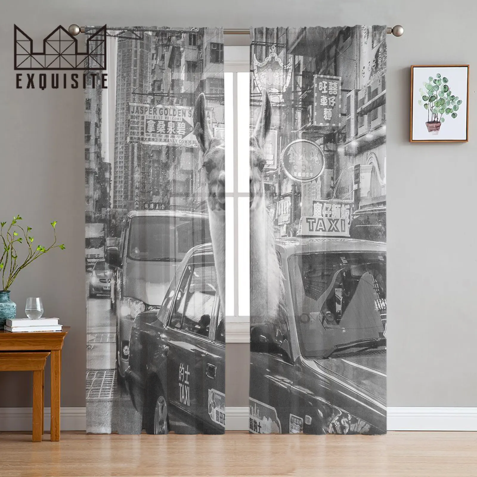 

Alpaca Car Black And White Sheer Curtains Bedroom Decoration Kitchen Tulle Curtains Curtains For Living Room