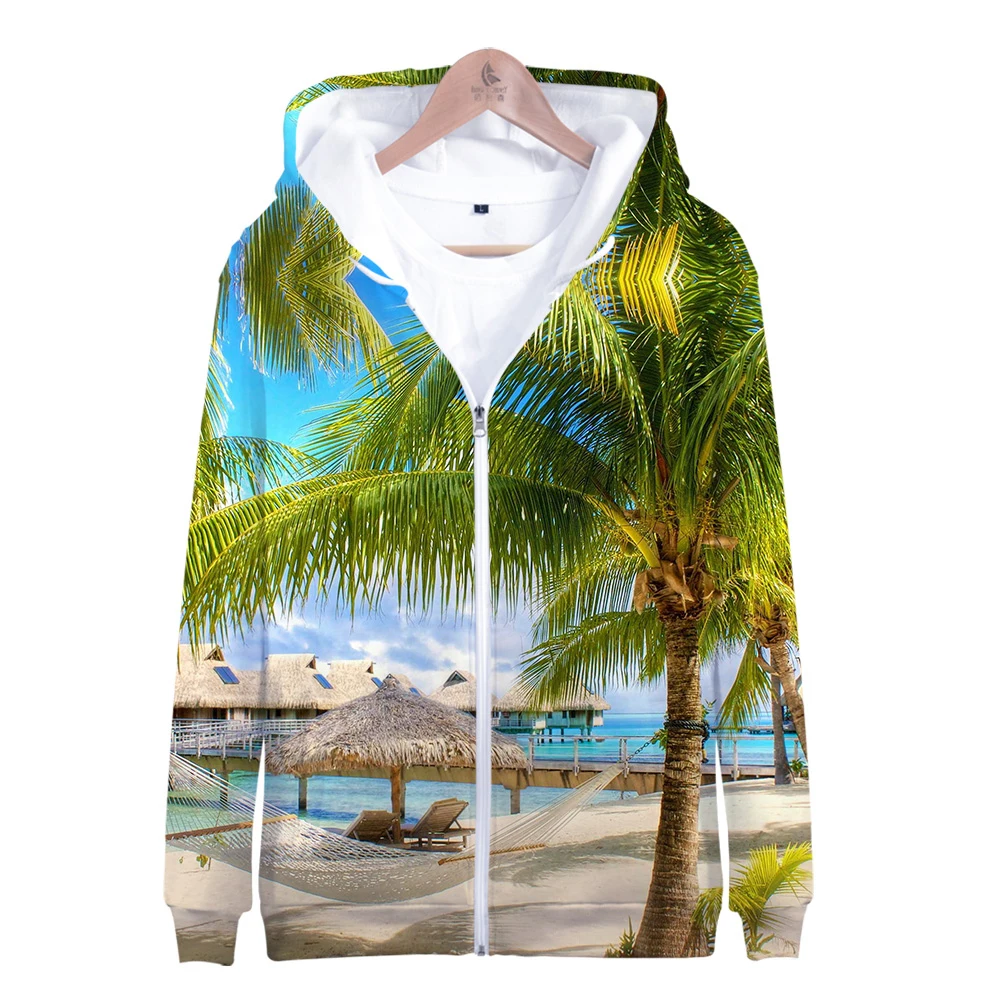 

Nature Beach Coconut Tree Hoodies Sweatshirt Men Women Hooded Ocean Beautiful Seaside View Sweet Zipper Hoodie Unisex Pullovers