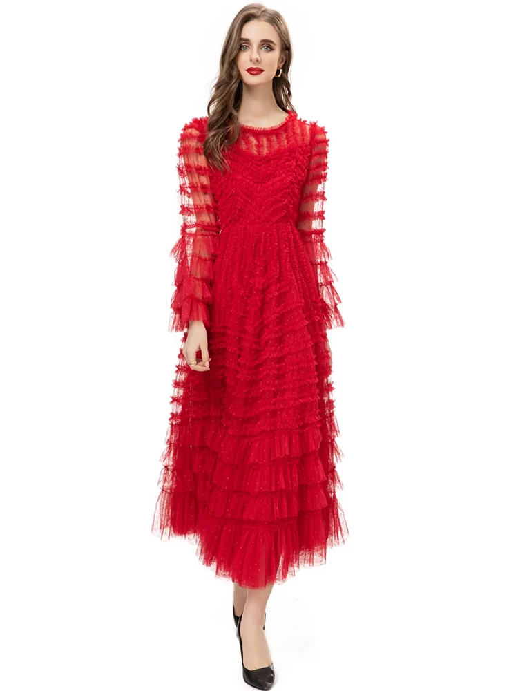 Женское винтажное платье в горошек с круглым вырезом и рукавом-фонариком