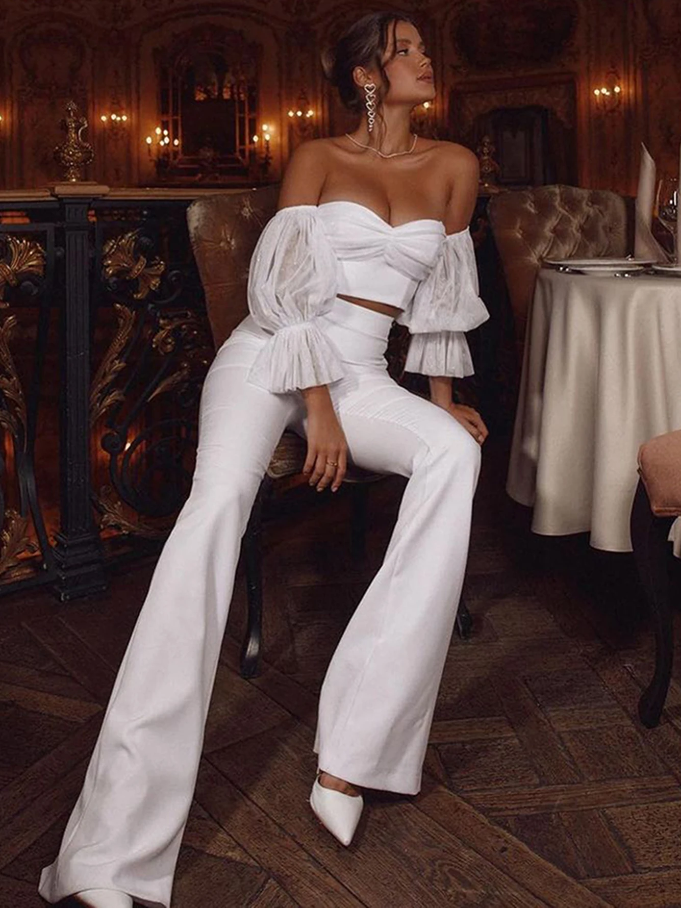 2022 Spring New Fashion White Pants Two Piece Set Women Puff Sleeve Crop Top & High Waist Flared Pants 2 Piece Suit Party Outfit enlarge