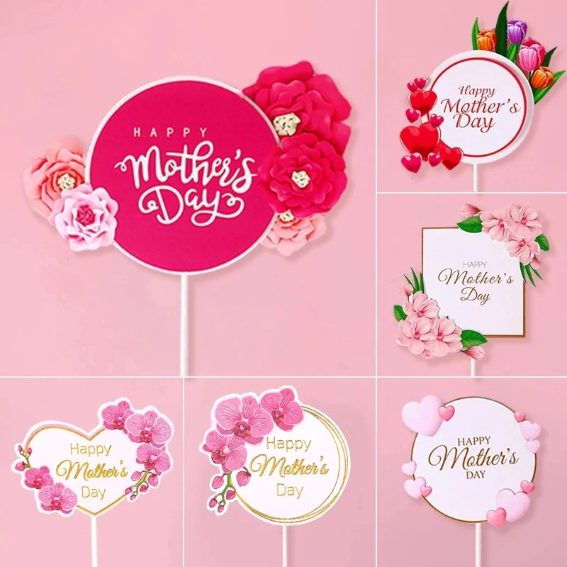 

5pcs Happy Mother's Day Cake Topper Decoration Best Mom Paper Cupcake Topper Birthday Party Cake Decor Home Party Supplies