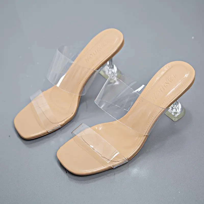 

Новинка лета 2023, прозрачный ремешок «одно слово», женская одежда, пикантные удобные сандалии с открытым носком на каблуке с кристаллами для ...