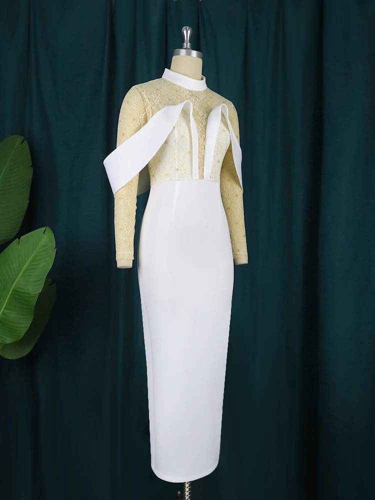 Белое кружевное платье с полувысоким воротником прозрачный вечерний наряд