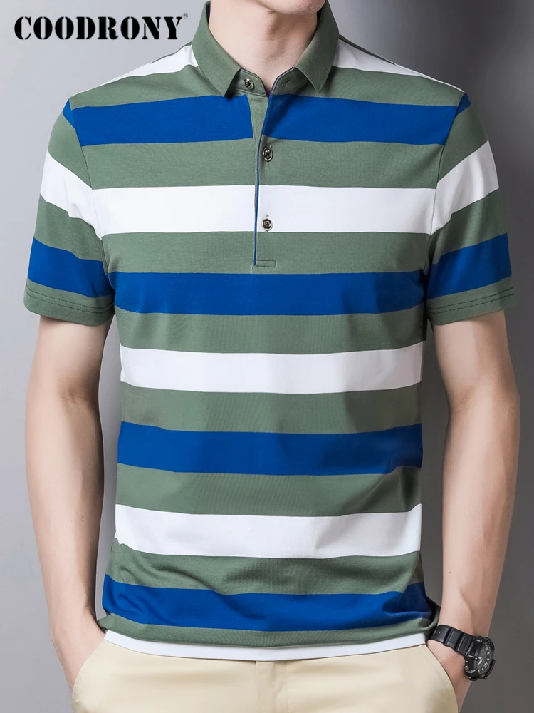

COODRONY Brand T-Shirt Men Clothing Summer New Arrival Casual Fashion Turn-Down Collar Striped Short Sleeve Tshirt Male Z5089S